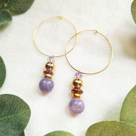 Purple Angelite Stone Hoops, Mid Century Modern Gold Hoops, Statement Earrings - Picture 9 of 10